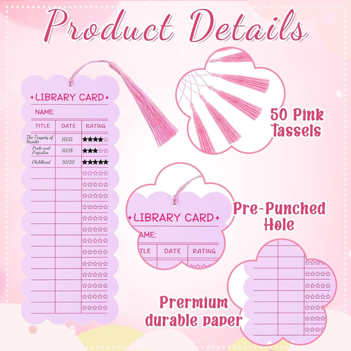 50 PCS Reading List Bookmarks Book Tracker with 50 Bookmark Tassels Reading Log Bookmark 3 x 8 Inch Pink Library Card for Reading for Teacher Women and Book Lovers (100 PC Pink)