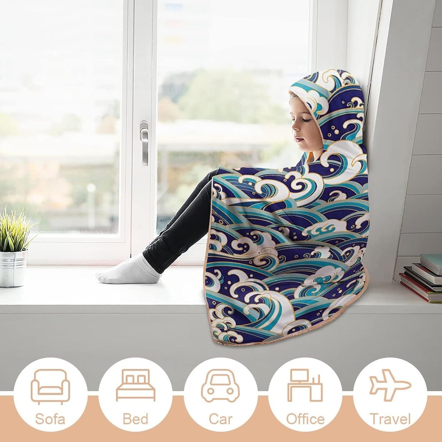 Throw Blankets, Nautical Women Men Hooded Blanket, Traditional Oriental Style Ocean Waves Pattern with, Soft Warm Cozy, 60 x 80inches, Studying Reading Snuggling Napping Office, Blue and White