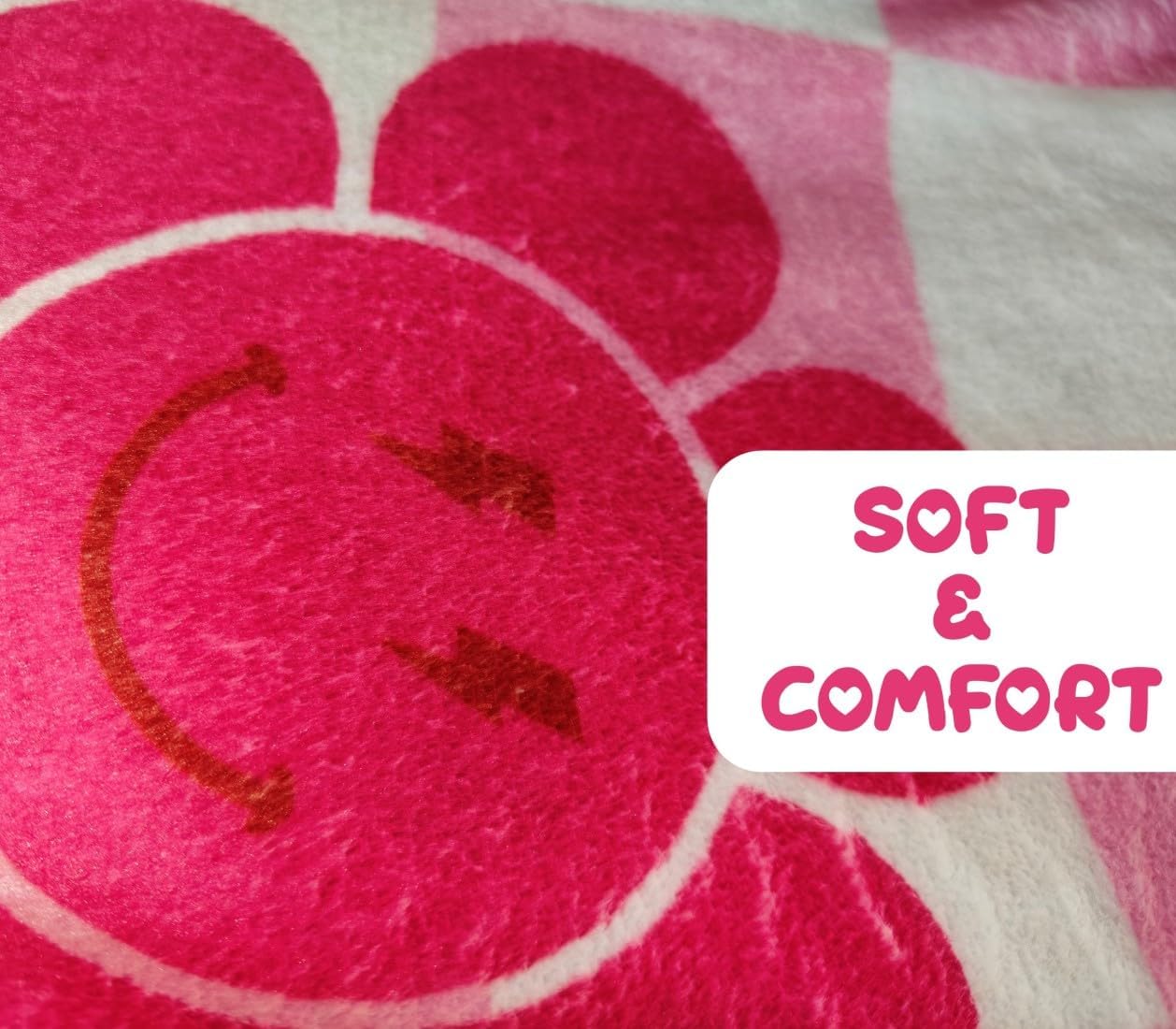 MINI ZOZI Pink Preppy Throw Blanket 50x60 Smiley Face Retro Cute Soft Flannel for Teen Girls Blankets Bedroom Decor Birthday Gifts Pink White Checkered Accessories Stuff