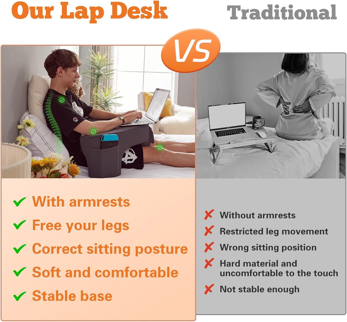 Lap Desk Pillow for Laptop, Reading Pillow for Gaming with Pockets, Soft Lap Desk for Couch, Memory Foam Laptop Pillow for Working, Crocheting or Sitting in Bed Sofa(Dark Grey)