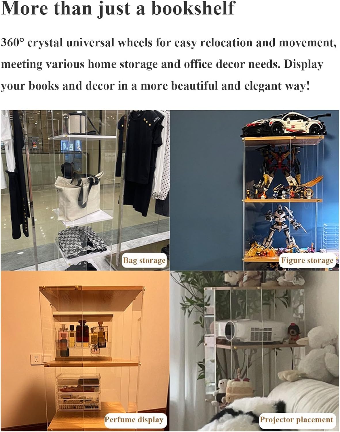 3/4/5/6 Tier Rolling Bookcase Rotating Bookshelf Tower 360 Degree Revolving Bookcase Transparent Acrylic Freestanding Spinning Bookshelf With Wheels 360° Spinning Bookshelf Tower For Bedroom,Living Ro