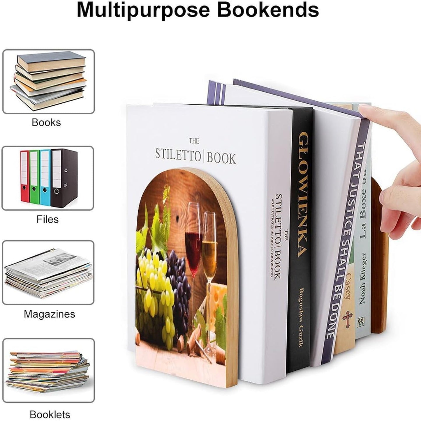 Wine and Grapes Wooden Bookend Non-Slip Book Ends Heavy Duty Book Stopper with Metal Base Books Holderd Decorative Bookends Stands Firmly for Office Supplies