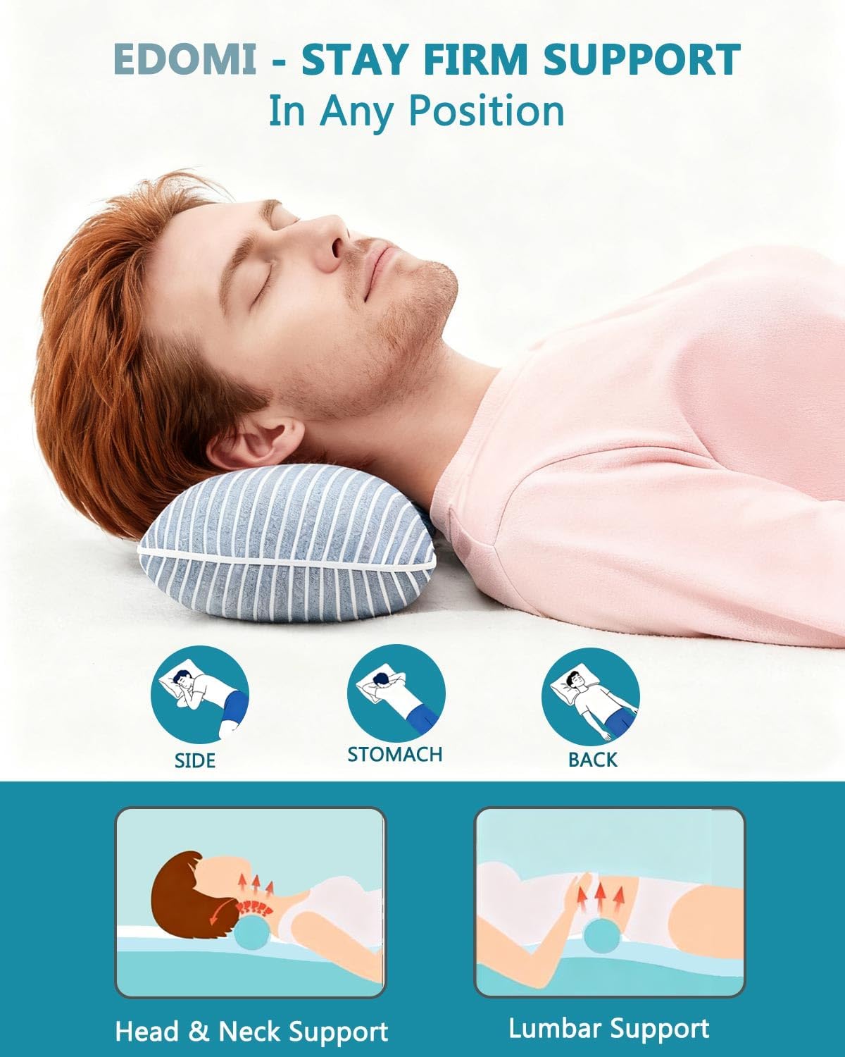Adjustable Buckwheat Pillows for Sleeping,19.6"x7.8" Cervical Neck Support Cylinder Bolster Pillow, Custom Comfort Breathable Pain Relief Bone Pillow with Striped Pillow Cover, Blue