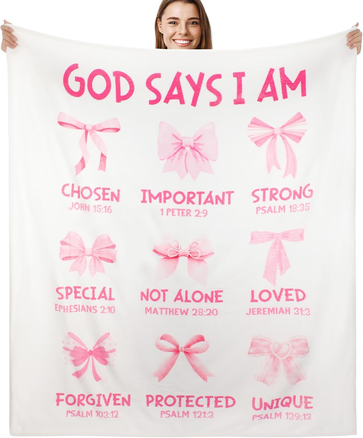 Christian Throw Blanket Women Gifts, Pink Bow Bible Verse Inspirational Faith-Based Soft Cozy White 50x60 Flannel Blankets, Gift for Religious Girls, Home Decor for Bed Sofa