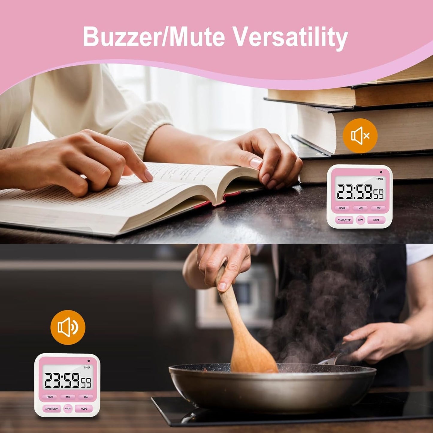 Multifunctional Kitchen Timer with Silent/Alert Mode, 24-Hour Clock, Memory Recall, Fast-Forward, and Magnetic Back for Cooking, Baking, Teaching (Red)