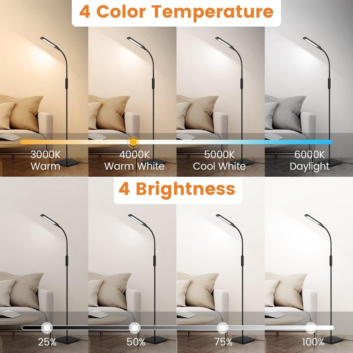 LASTAR LED Floor Lamp, Reading Lamp with 3000K-6000K & 4 Brightness Levels, Dimmable Standing Lamps for Living Room, Office with Flexible Gooseneck,Timer & Memory Function