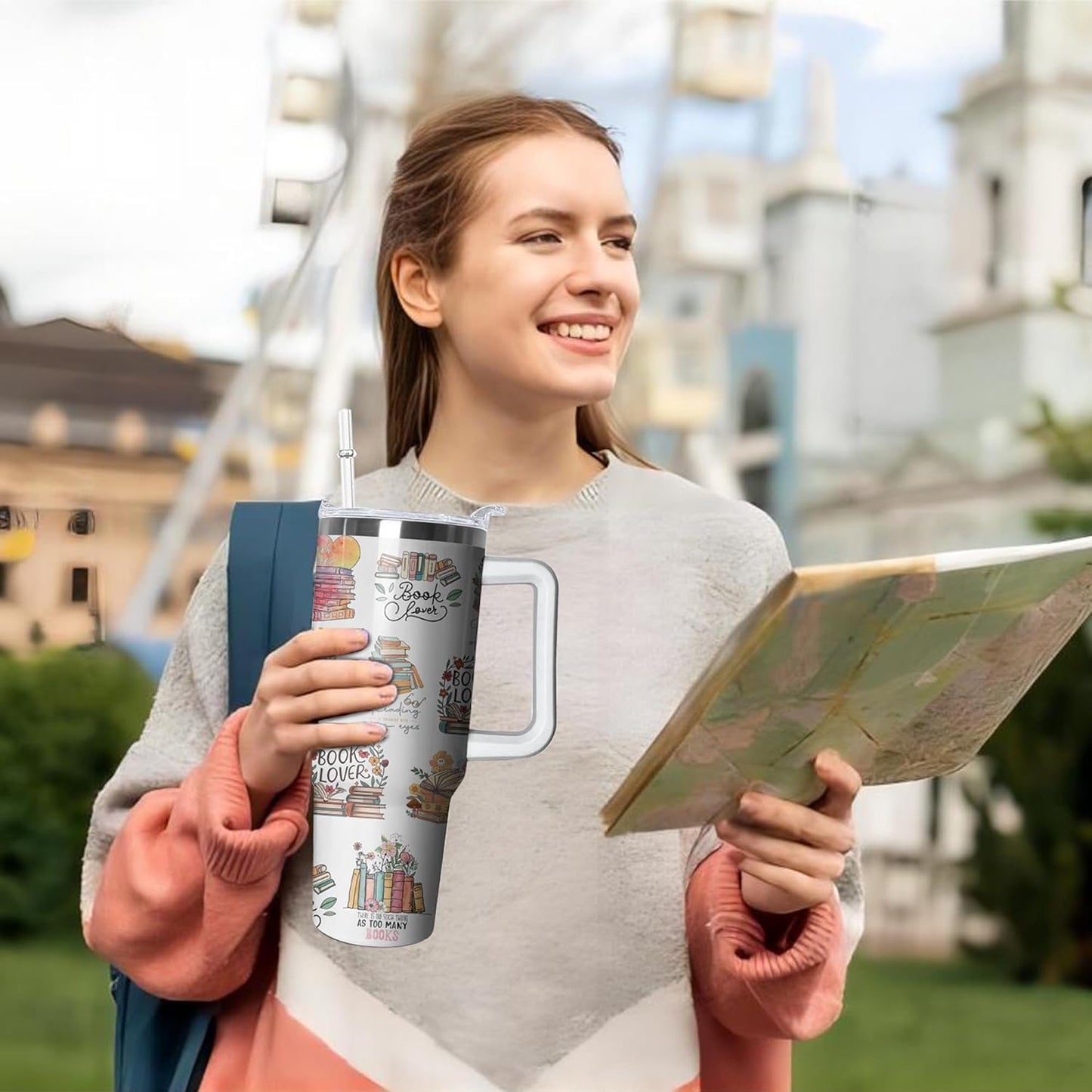 40oz Book Lovers Gifts Reading Tumbler with Lid and Straw for Women, Stainless Steel Insulated Cup, Coffee Mug Water Bottle for Bookworm Readers Librarian Bookish