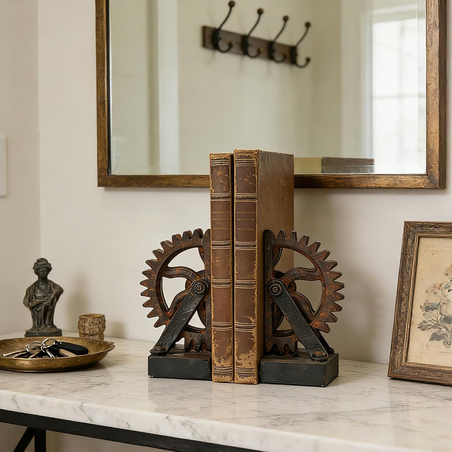 Braxio Decorative Bookends Industrial Gear - Set of 2 Steampunk Heavy Duty Non-Slip Book Supports for Shelves Desktop Book Ends for Office Library Desk Vintage Home Decor 4.7 x 3.5 x 7 Inch