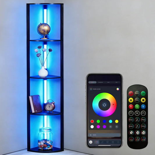 RGBCW Floor Lamp with Shelves, LED Smart Modern Floor Lamp with Music Sync, Color Changing Corner Display Shelf Lamp, Standing Lamp with Shelves for Living Room and Bedroom, Office, Black