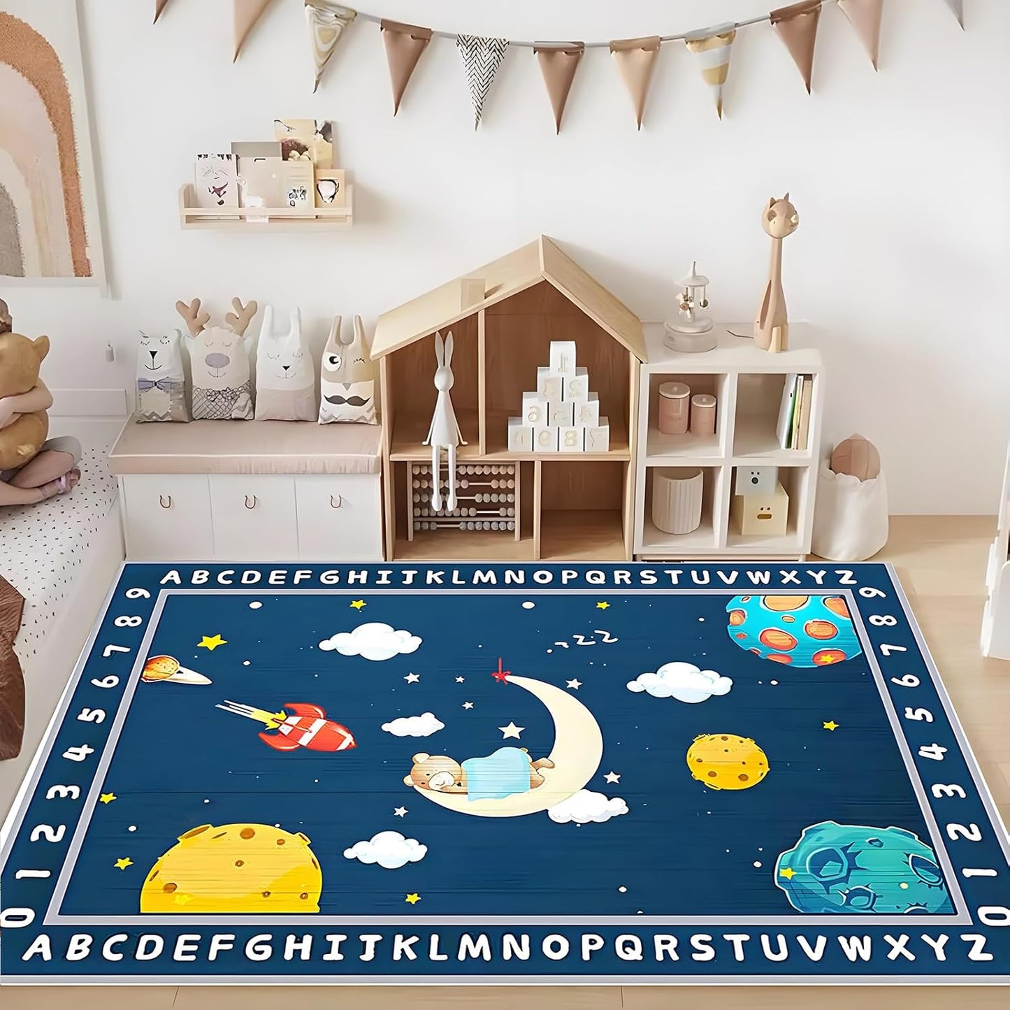 ABC Alphabet Numbers Blue Kids Rugs 3x5ft for Bedroom Playroom Cartoon Rocket Moon Clouds Space Area Rug Soft Carpet Children Playmat