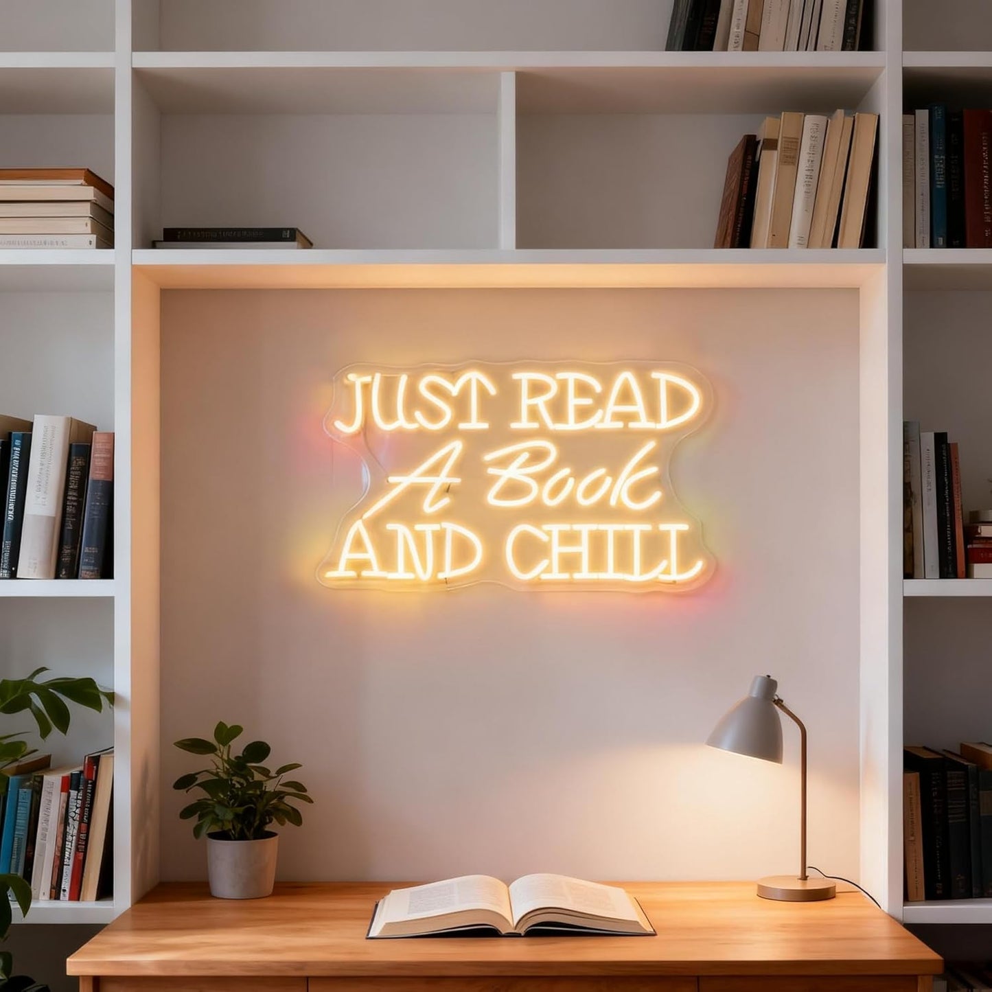 Just Read a Book and Chill White LED Neon Sign - Dimmable USB Wall Art 16.5x10.6 Inches - Reading Room Decor, Study Corner Lighting, Bookstore Cafe Ambiance