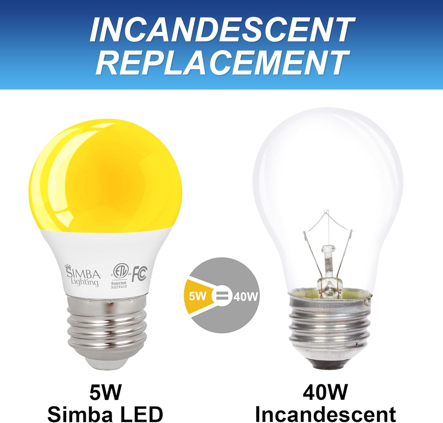 Simba Lighting LED Bug Non-Attracting Yellow Bulb ETL Listed 5W 40W Equivalent (4 Pack), Great for Outdoor Porch Light, Patio, Security, Night Light, Amber Warm Light, Compact A15 Shape E26 Base