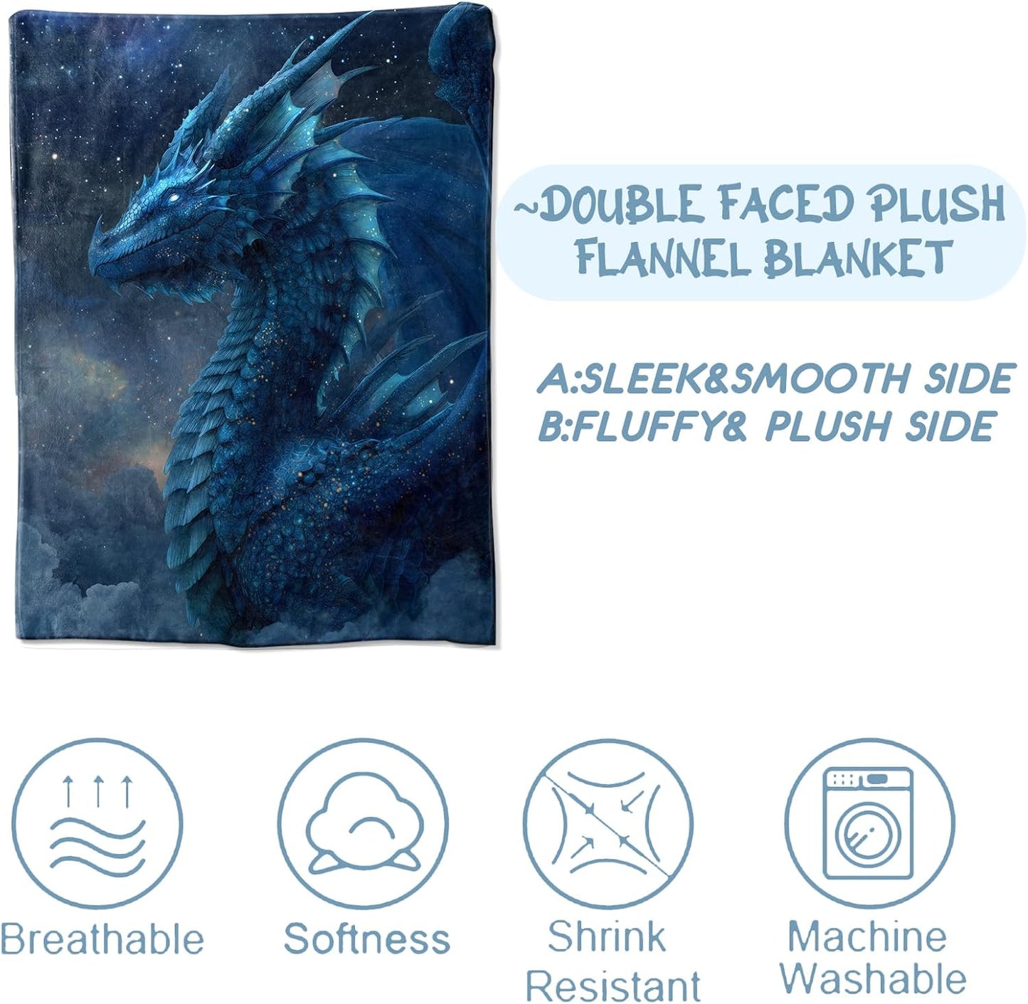 Fantasy Dragon Blanket,Lightweight Cozy Flannel Throw Blankets,Mystical Animal with Galaxy Night Sky,Epic Blue Creature Throws for Couch Bed Living Room Decor,60x50inch,Gifts for Teens Gamers