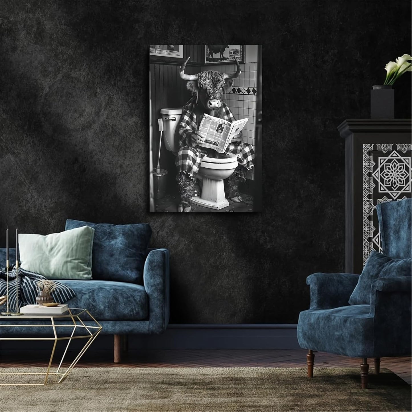 Cow Reading Newspaper in Toilet is Funny Canvas Wall Prints poster Modern Home Aesthetic Decor Wall art for Bedroom Dorm (16x24inch Unframe)