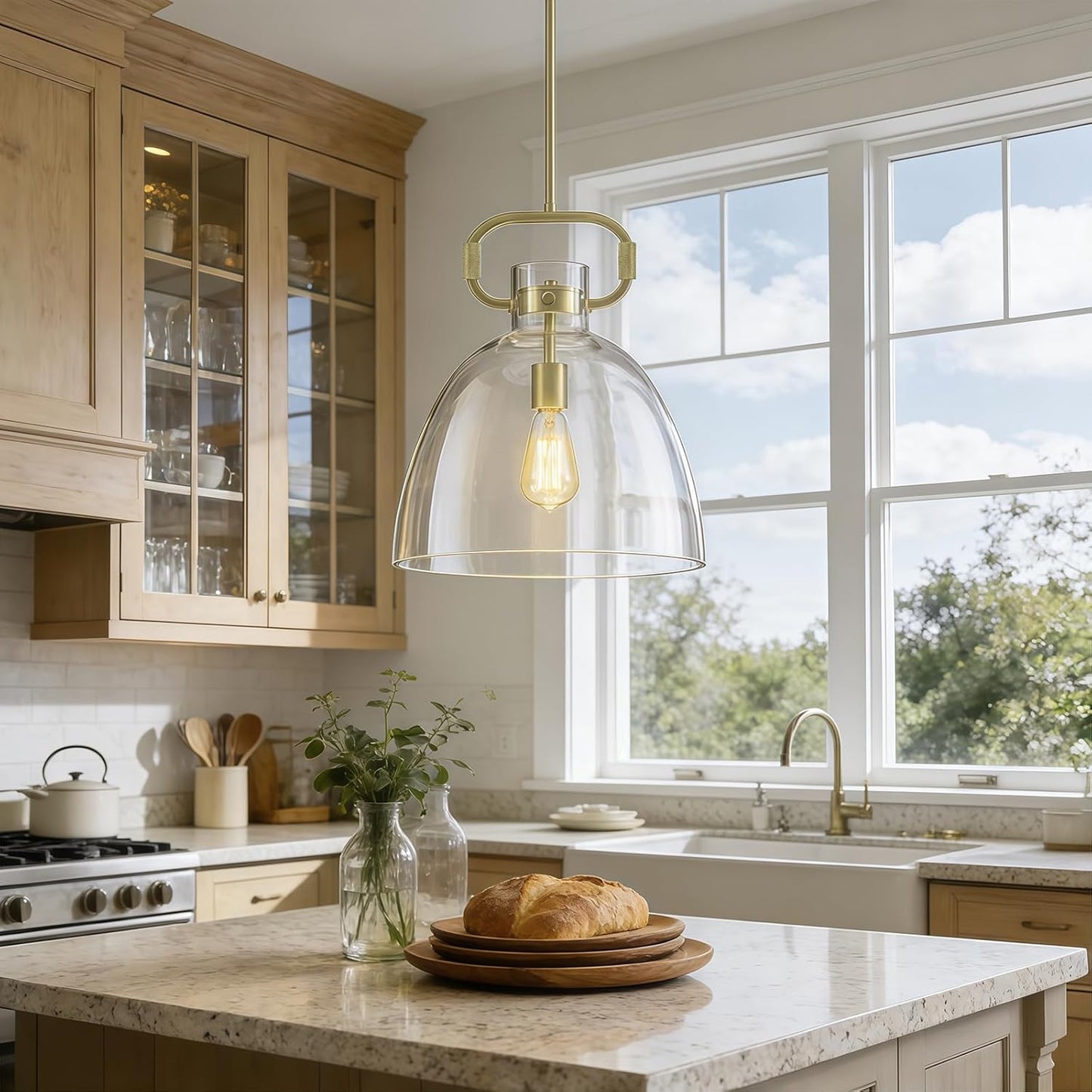 14’’ Large Pendant Lights Kitchen Island, 1-Light Modern Brass Gold Kitchen Island Lighting with Glass Shade, Adjustable Hanging Pendant Light for Dining Room Bedroom Hallway E26