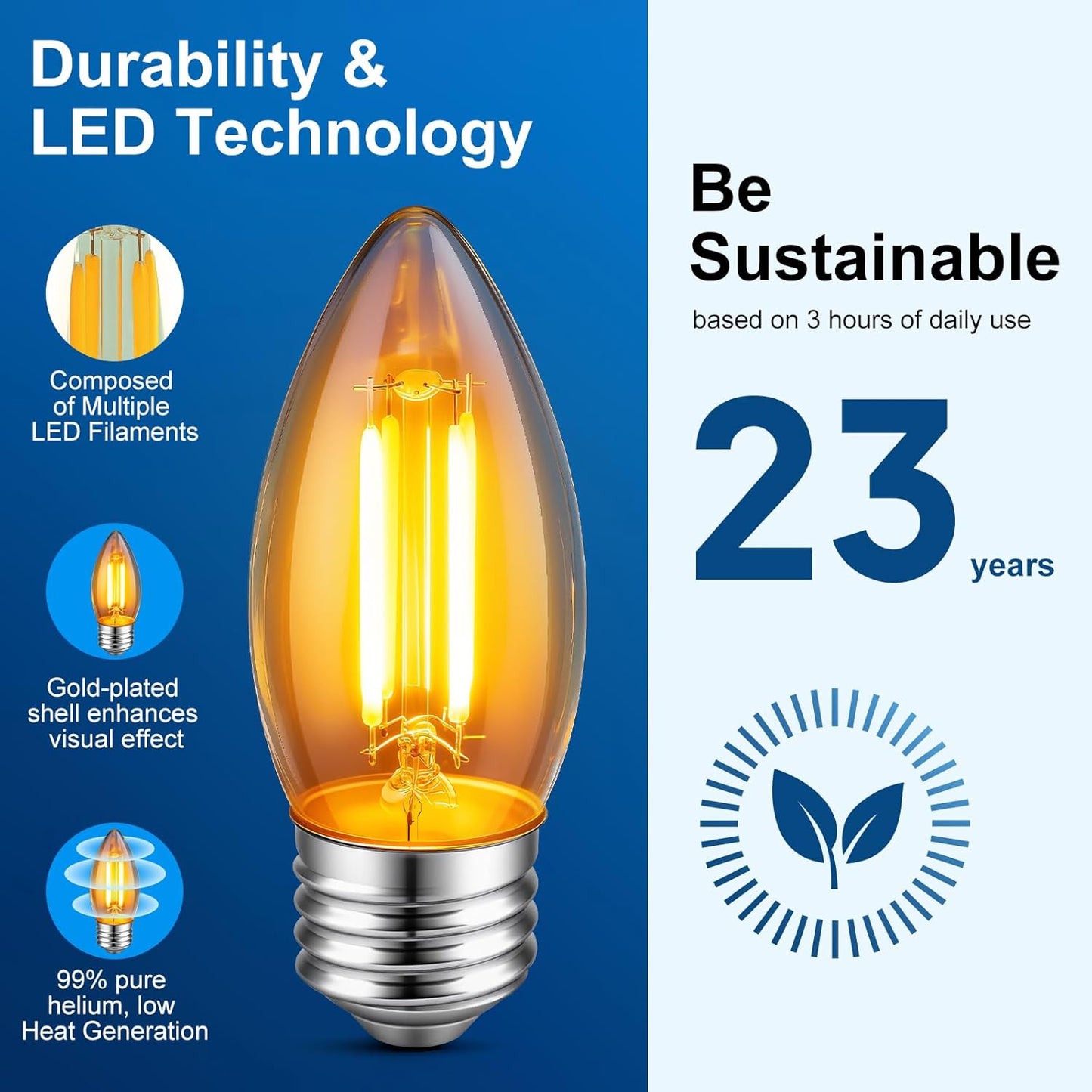 KINUR E26 Dimmable Amber LED Light Bulbs.40 Watt Candelabra Light Bulbs Equivalent,Dimmable B11 Candelabra Base LED Bulbs,2200K,360LM,2 Pack