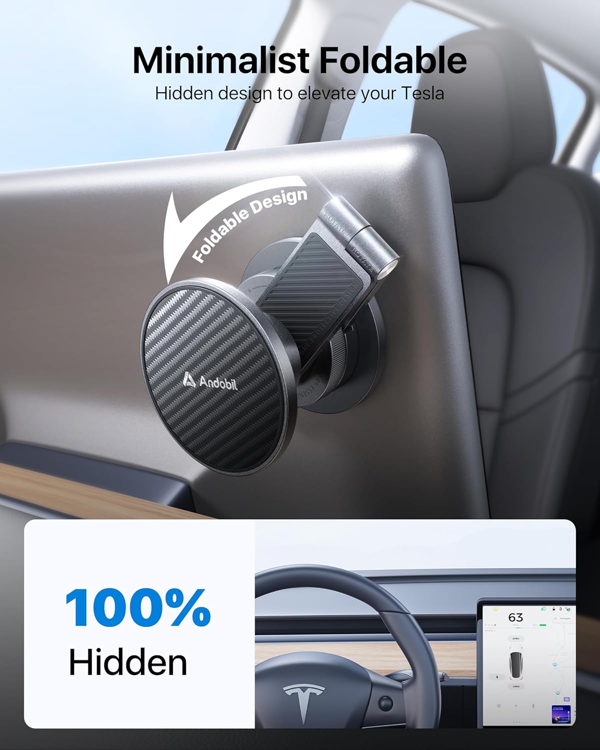 andobil Upgrade Tesla Phone Mount [Strong Magnet & Foldable] MagSafe Car Mount for Tesla New Model Y Juniper Model 3, 360° Adjustable Tesla Phone Holder fits iPhone 17 16 15 Pro Max, Tesla Accessories