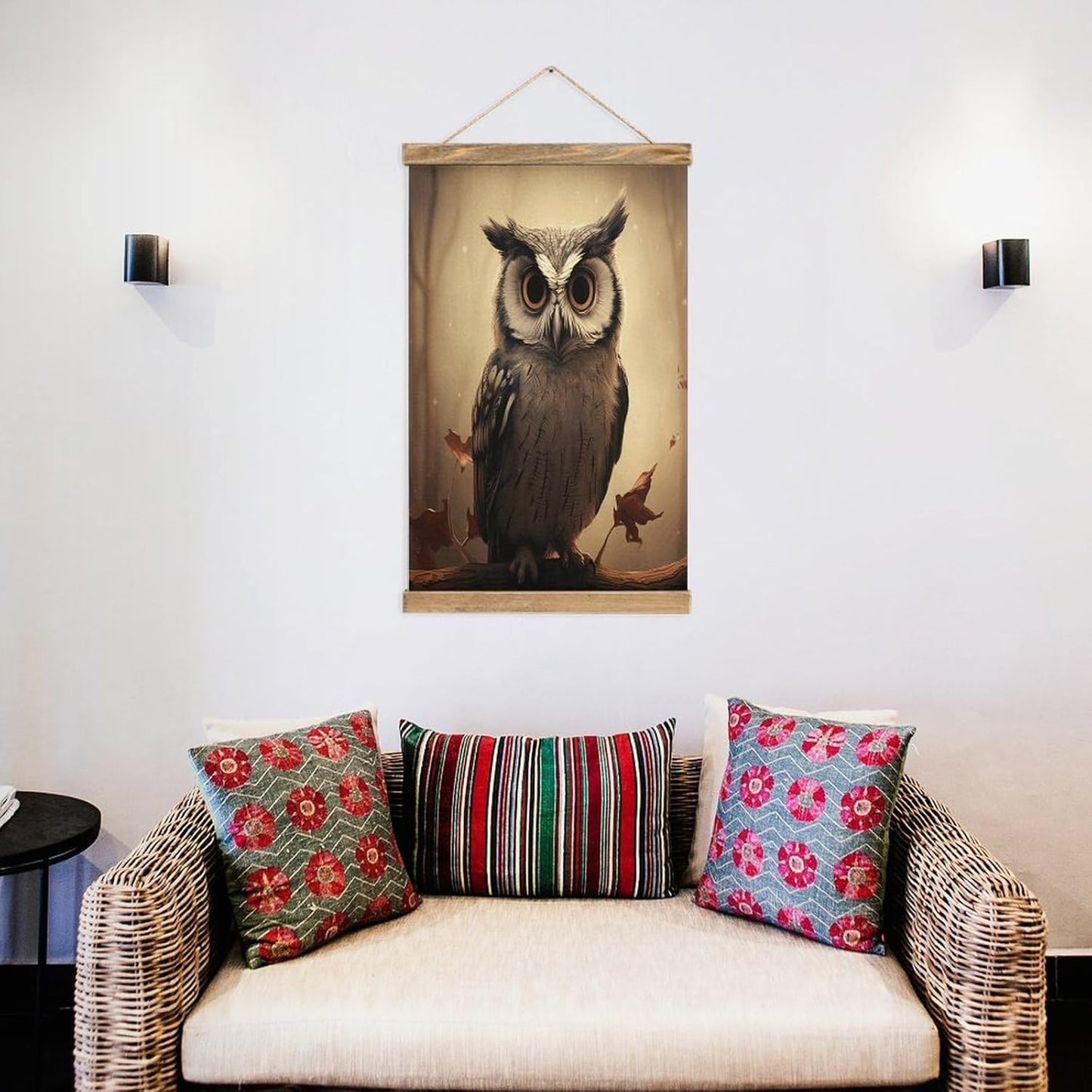 Vintage Cute Owl Poster with Wooden Frame Personalized Linen Hanging Scroll Painting Rustic Wall Hanging Illustrative Modern Artwork Decor for Home Living Room Bedroom Office