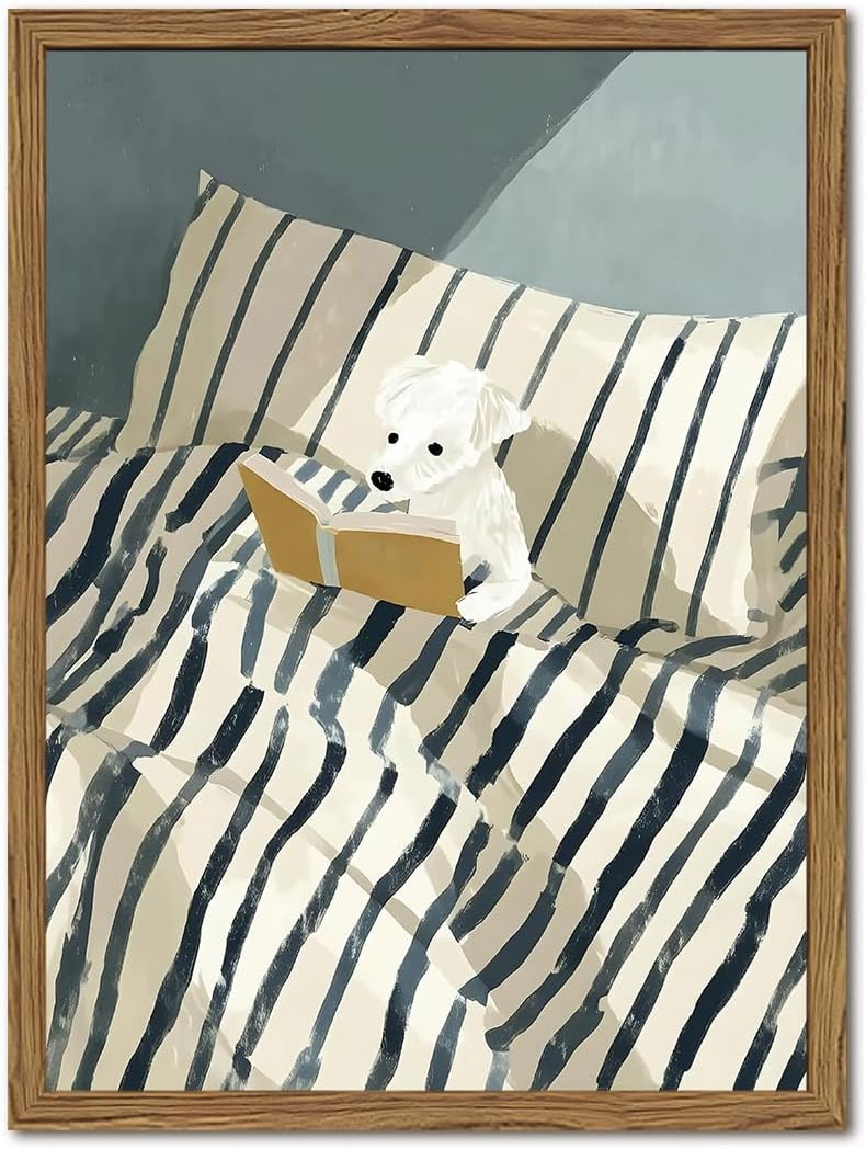 Funny Dog Reading Wall Art Whimsical Dog in White and Blue Striped Bed Wall Decor Painting Eclectic Animal Poster Canvas Print for Bedroom Living Room Bathroom 24x16 inch Wood Framed