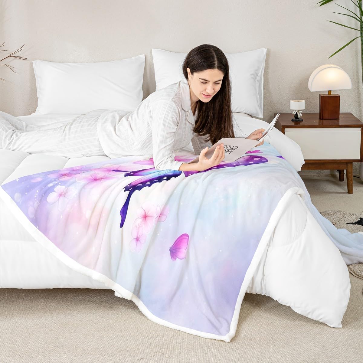 Feelyou Purple Blue Butterfly Fleece Throw Blanket Twin 60"x80" Kids Girls Sherpa Blanket Plush Fuzzy for Bed Couch Chair Living Room, Floral Flower Bed Blanket Cute Watercolor Room Decor