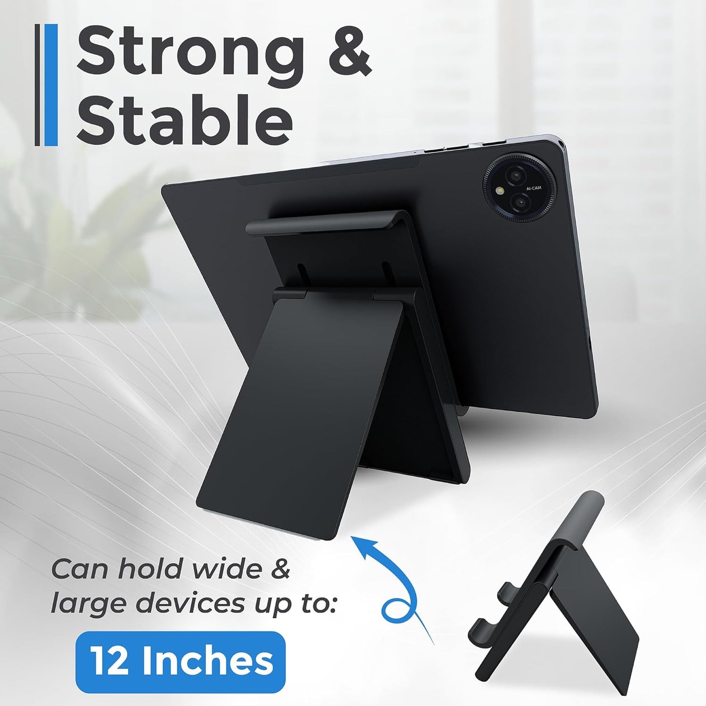 Tablet Stand, Adjustable Height, Phone Stand, Tablet Stand for Desk, Devices up to 12", Charging Slot, Foldable, Silicone Padding, Compatible with iPad/iPhone, Fits Tablets and Phones