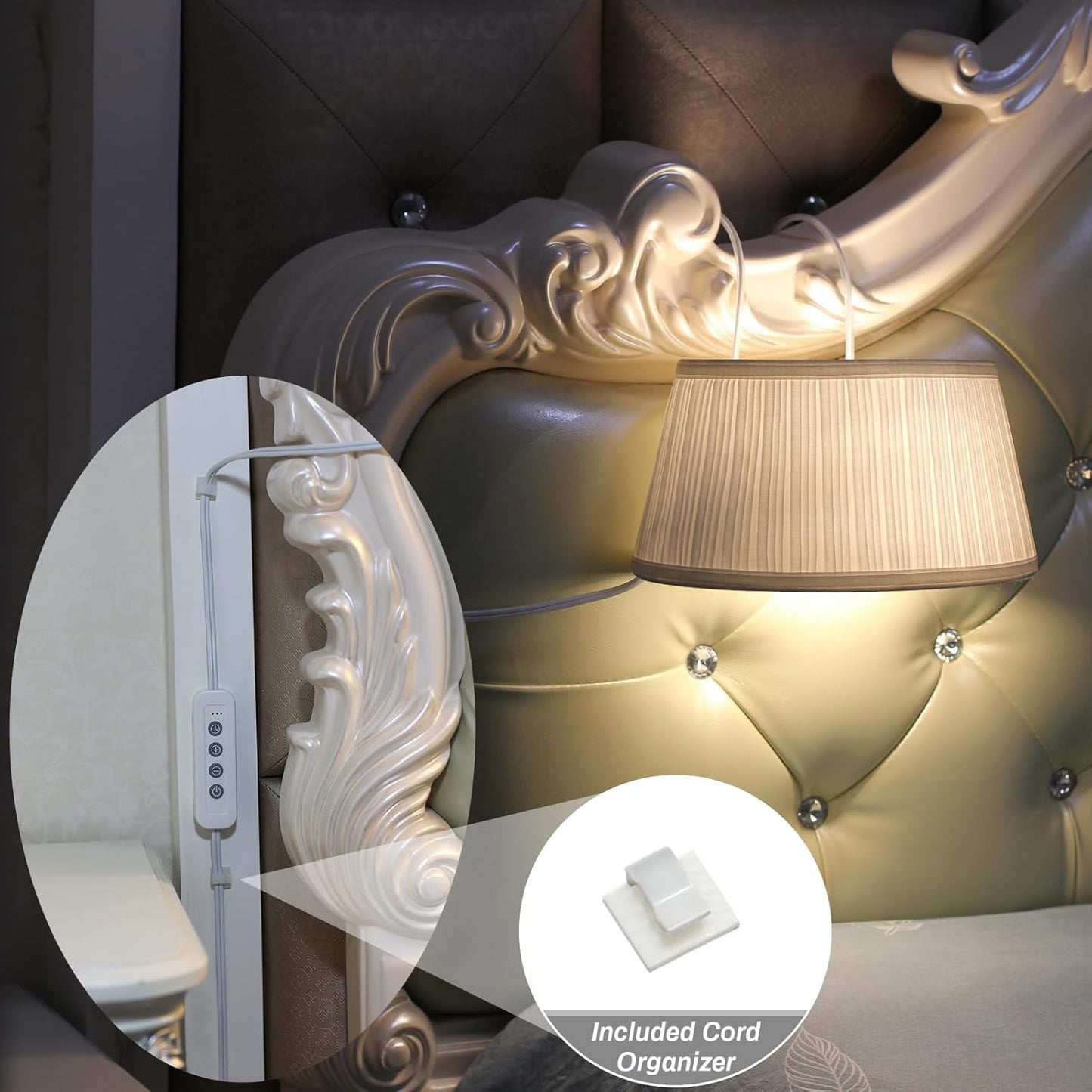 Bed Reading Light, Headboard Light Reading Lights for Books in Bed with Adjustable Hook, Eye Caring Soft Fabric Shade Bedtime Reading Lamp Plug in, LED Bulb Included (White)