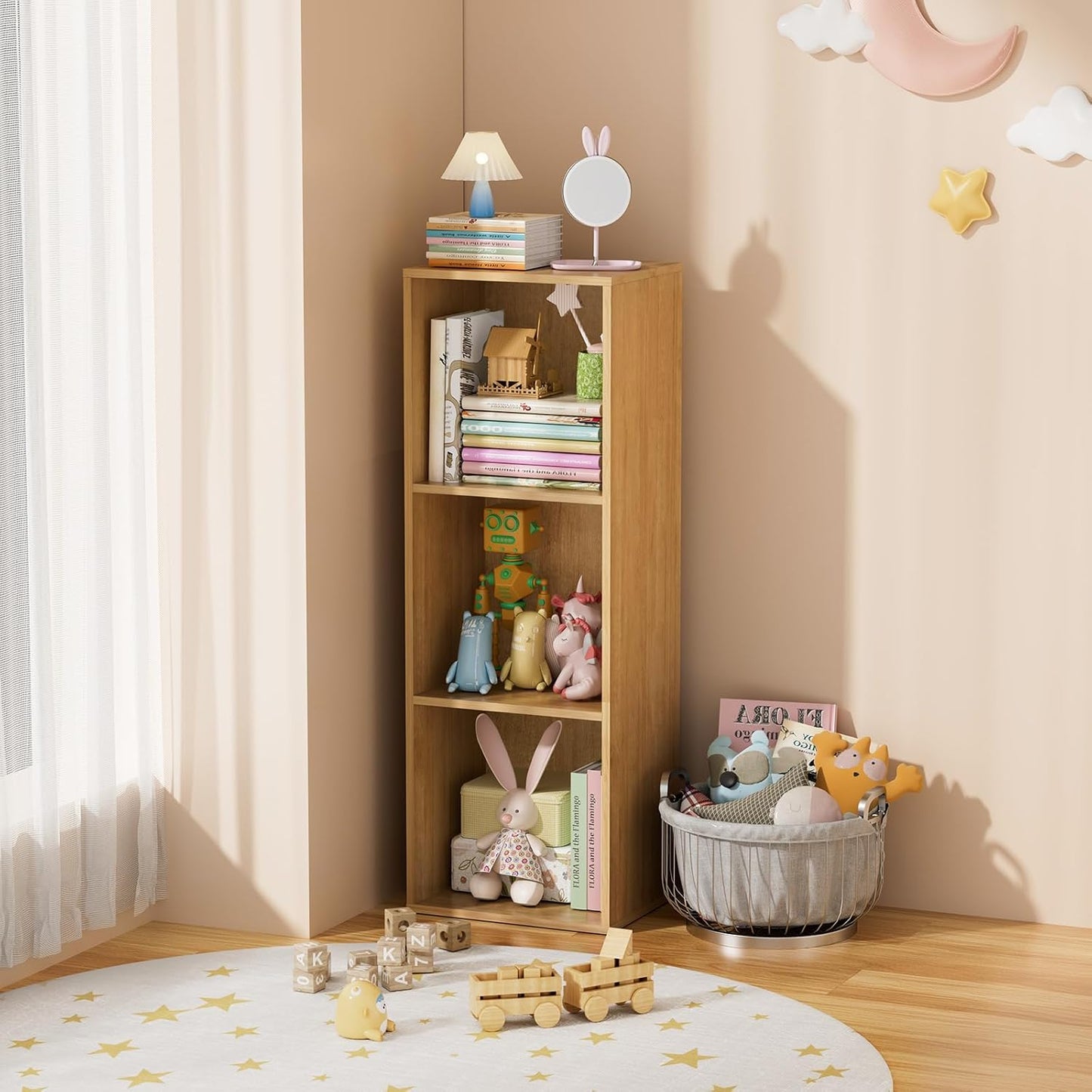 3 Tier Bookshelf, Narrow Bookcase for Small Spaces, Wooden Book Case Bookshelves Storage Organizer for Bedroom Living Room Home Office (Oak, 3 Cube)