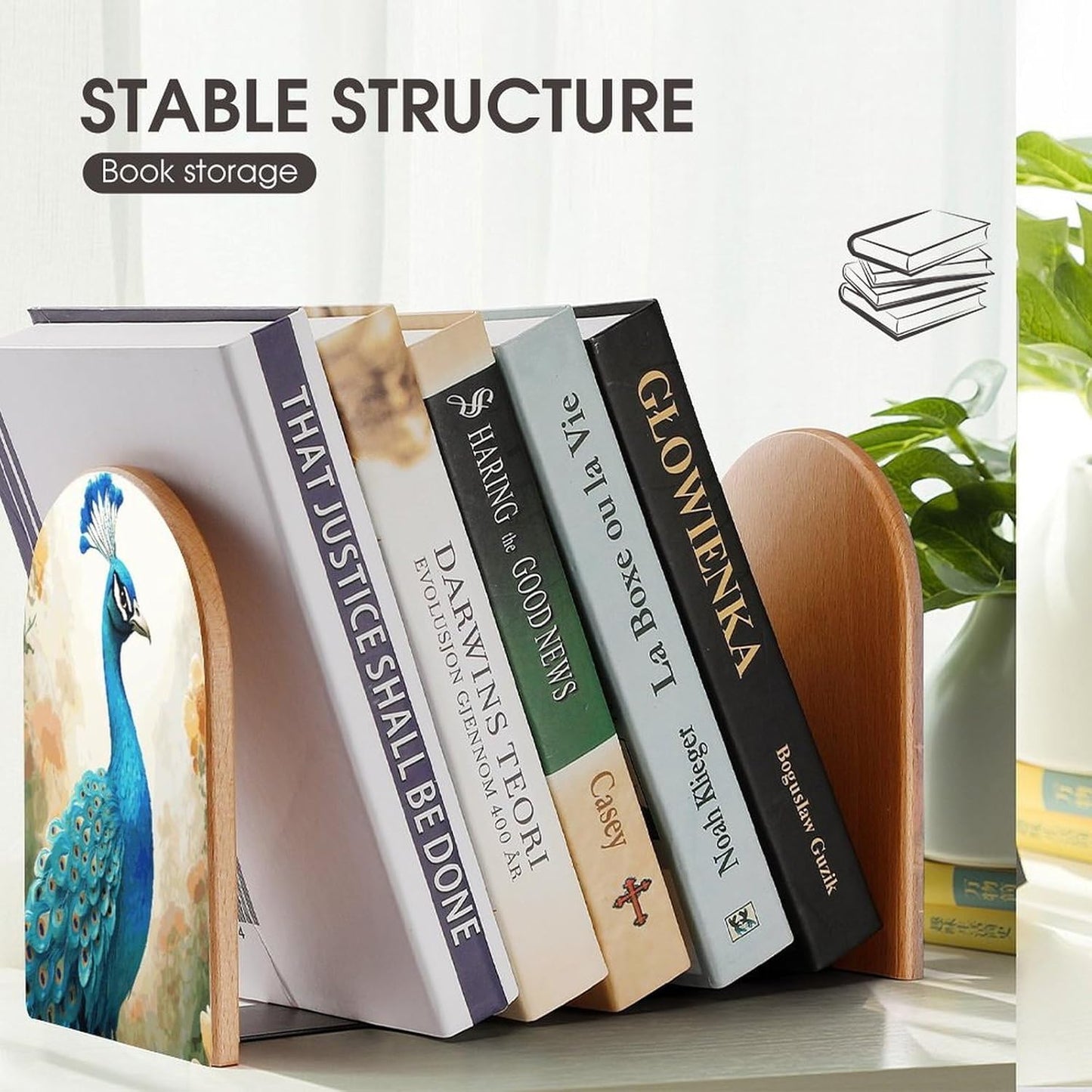 Non-Slip Bookend for Shelves Cartoon Blue Peacock Wooden Bookends with Metal Base Decorative Book Stopper for Home Heavy Duty Wood Book Storage for Books/CDs