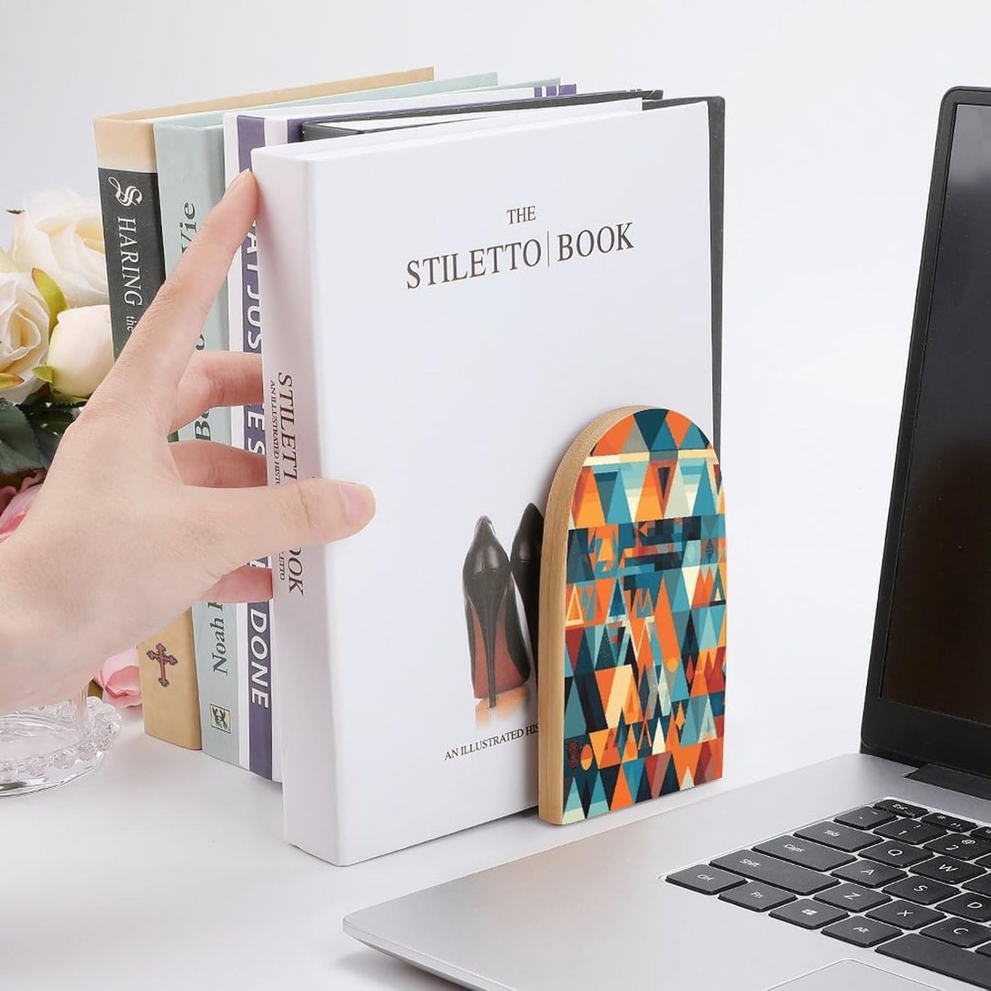 Colorful Geometric Shapes Bookends 1 Pair Heavy Duty Book Ends for Shelves Non-Skid Bookend Supports Wooden Book Holders with Metal Base Desk Organizers Books Storage to Hold Books