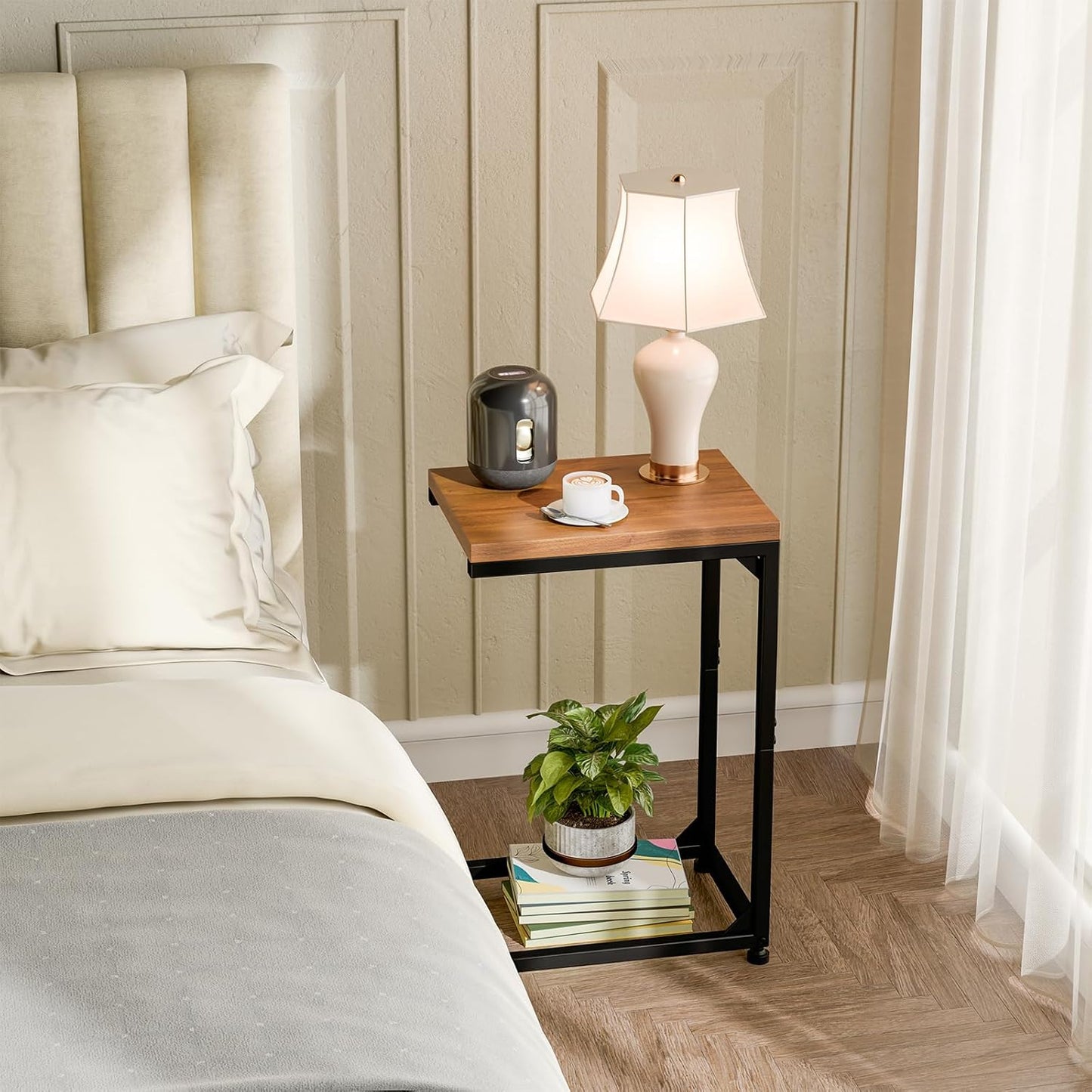 C Shaped End Table, Narrow Side Table for Couch, Small Sofa Table with Metal Frame, TV Tray Table for Living Room Bedroom Small Spaces, Brown