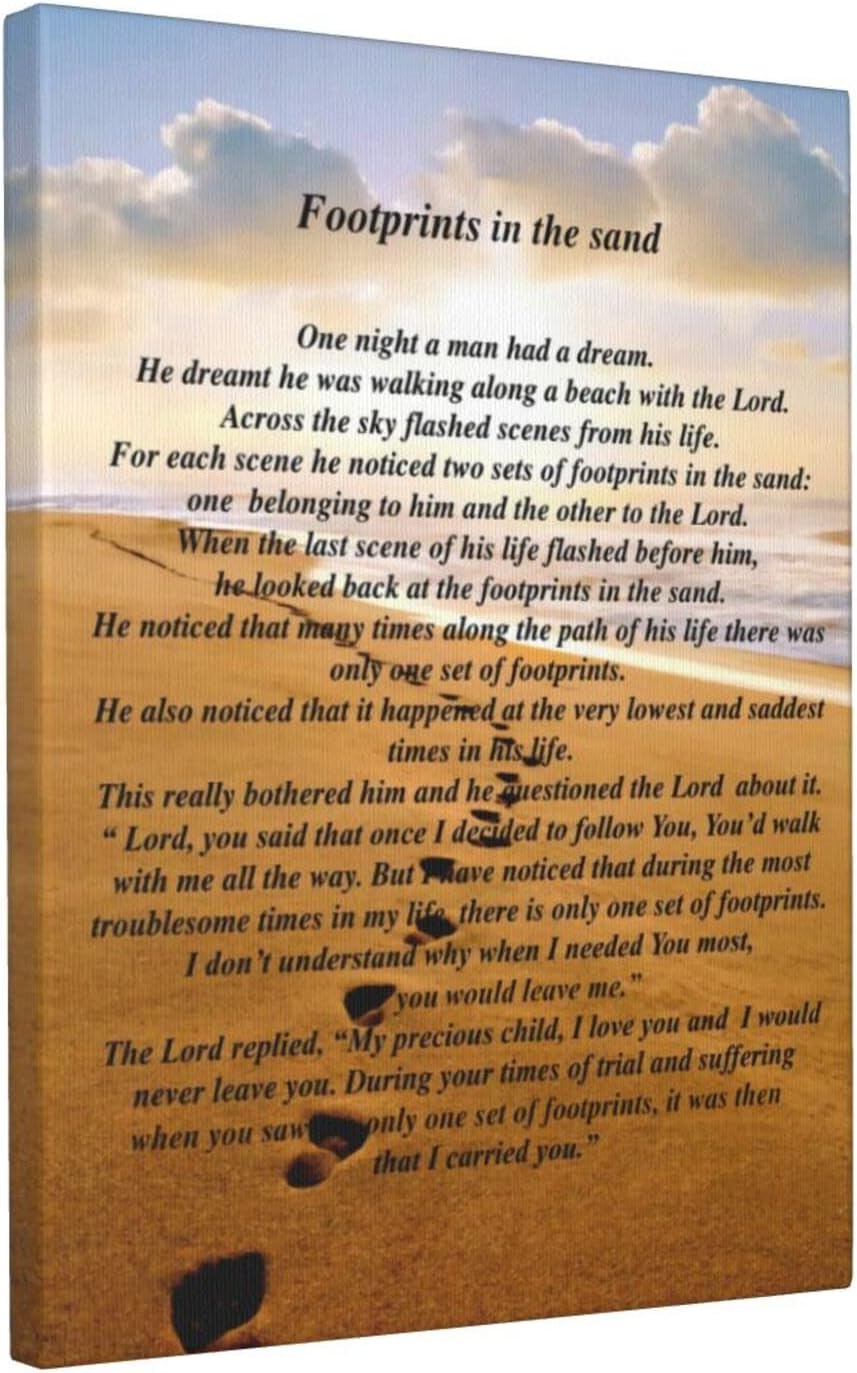 Footprints In The Sand Painting Poem Poster Classic Framed Canvas Wall Art For Home Bedroom Office Living Room Decor 12x16 Inches.