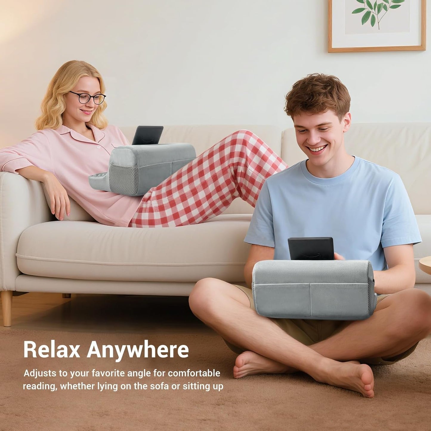 CoBak Memory Foam Tablet Pillow Stand - Fits 4-13" Tablets, for Kindle, for Apple iPad, Galaxy Tab, Phone - Lap Desk for Bed with 3 Viewing Angles & 4 Pockets for Accessories, Gray