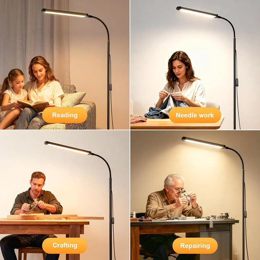 Bright 12W LED Flicker-Free Eye Protection Dimming Floor Lamp,3000-6000k,Gooseneck adjustable Standing Reading Lamp for Living Room Bedroom Bedside Office Classroom Task Craft, Black Modern Light