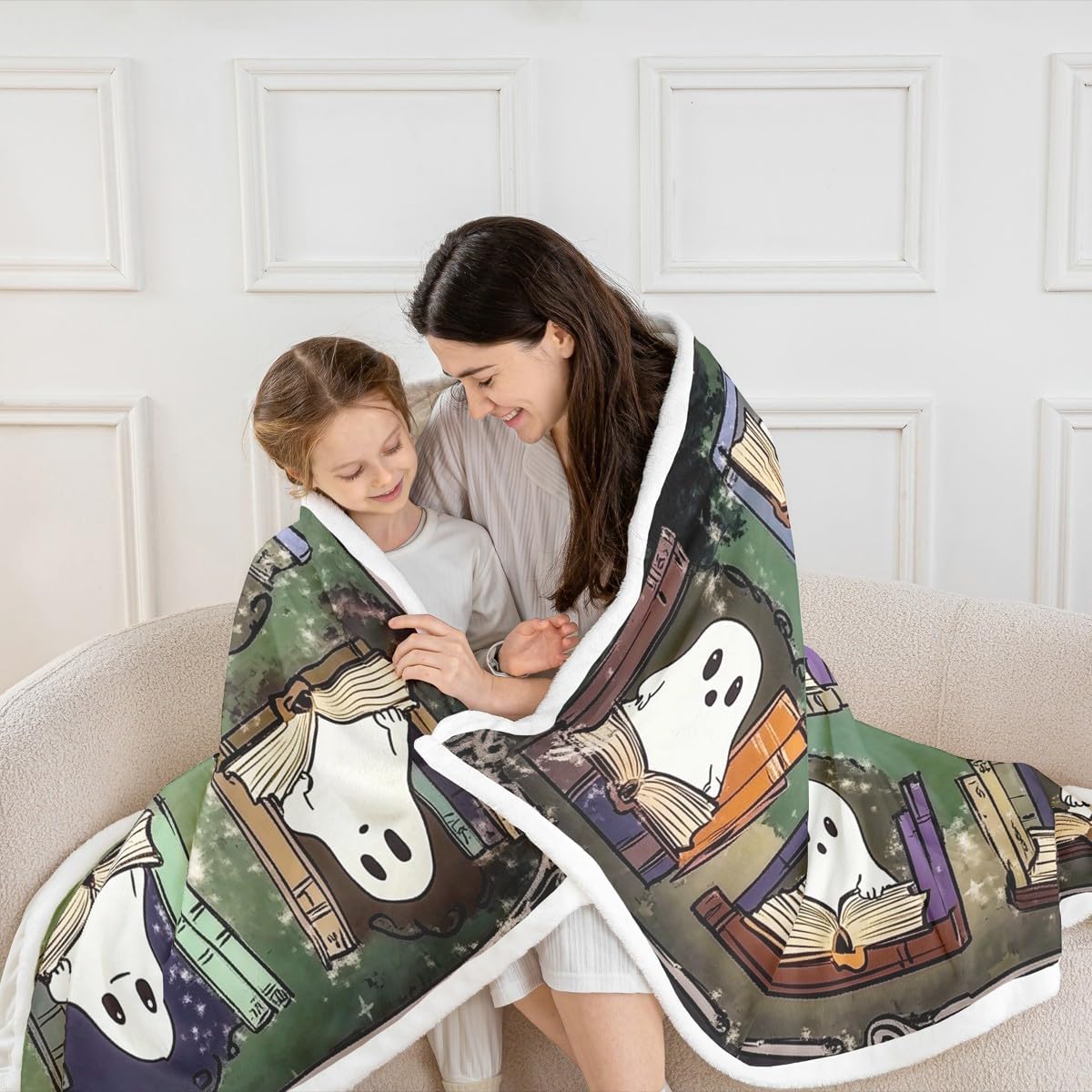 Erosebridal Cartoon Ghost Fleece Blanket Halloween Decorations Gothic Sherpa Blanket 50"x60" | Reading Books Ghost Funny Silhouette Fuzzy Plush Throw