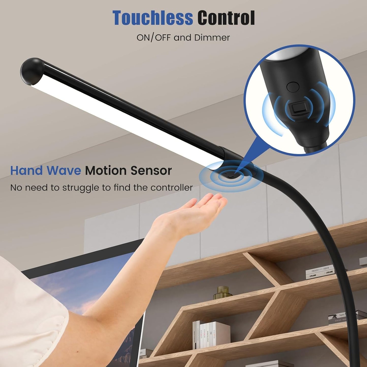 Hand-Wave LED Desk Lamp with Clamp, Touchless On/Off, Color Temperature Adjustable 3000K-6500K, Flicker-Free Eye-Caring Reading Light, Clip-On Desk Light for Home Office/Study/Monitor/Desk (110V)