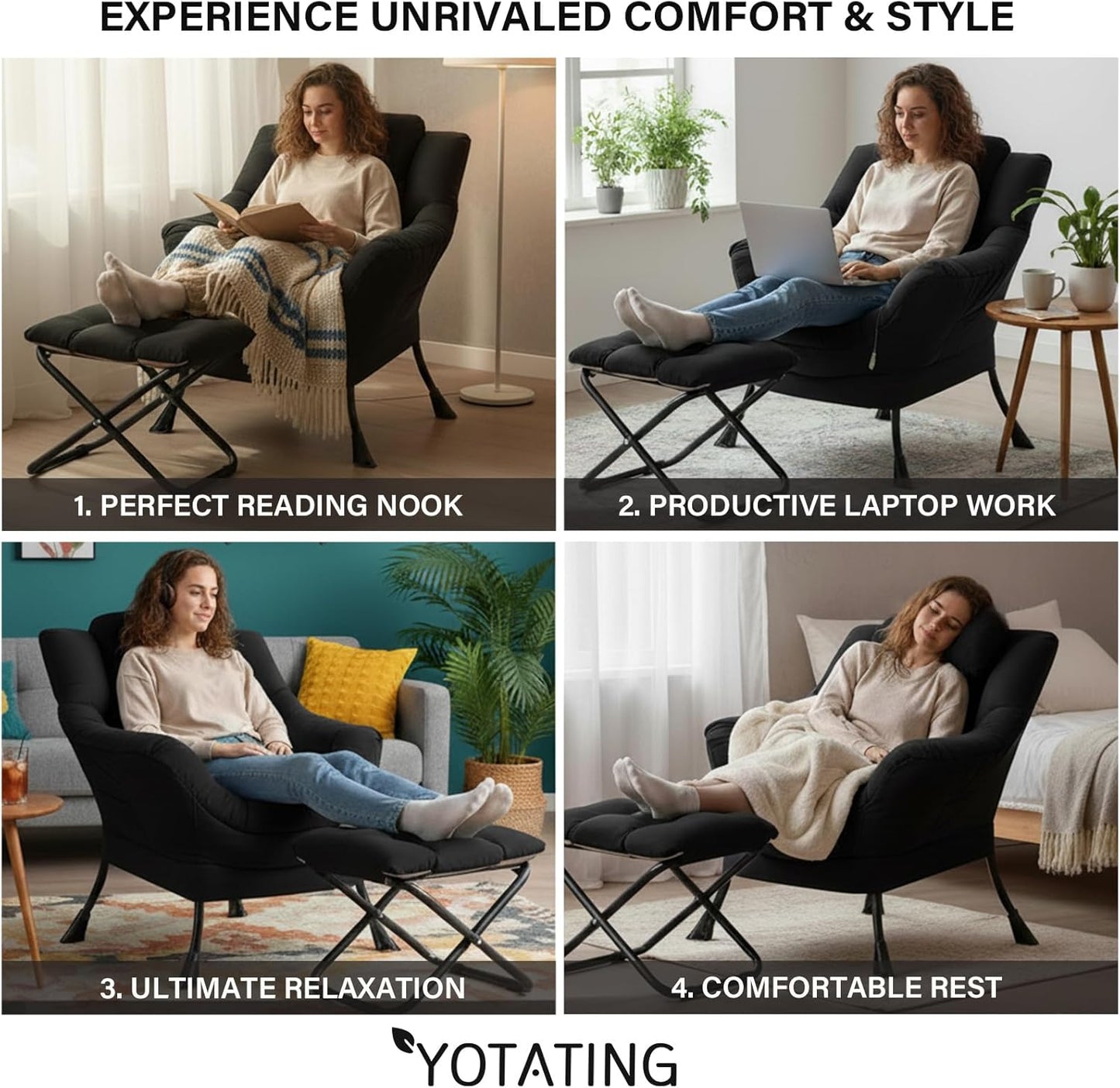 Lazy Chair with Ottoman, Modern Accent Leisure Sofa Chair with Footrest Stool & Throw Pillow, Modern Lounge Chair with Armrests for Living Room, Black