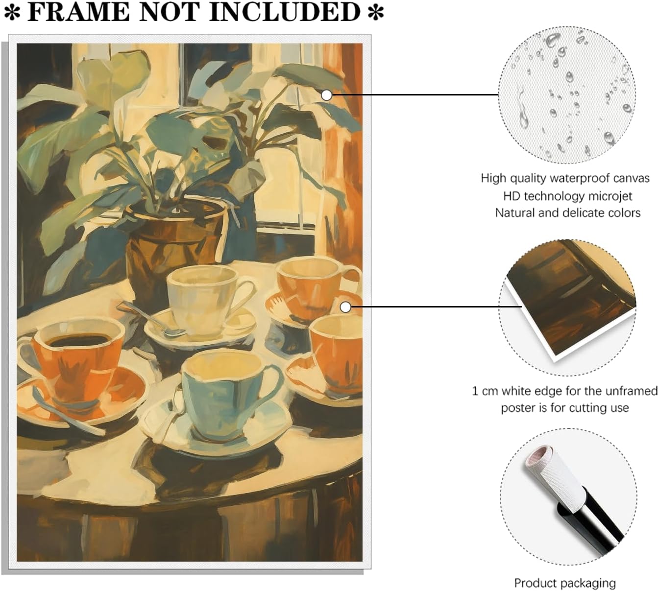 Retro Coffee and Plant Wall Art Vintage Coffee Table Moment Oil Painting Poster with Colorful Cups Prints Cozy Home Decor for Bedroom Kitchen Dining Room Reading Nook 12x18inch Unframed