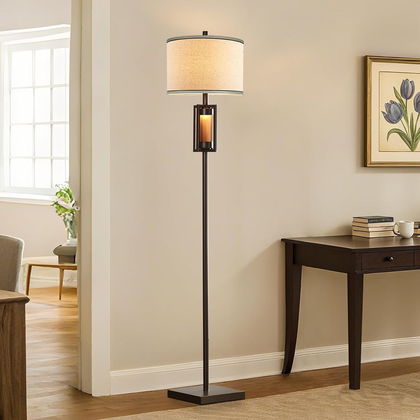 RORIANO 63'' Rustic Floor Lamp for Living Room with 2 Light Sources, Farmhouse Tall Standing Lamp with Amber NightLight, Vintage Lamp for Bedroom Reading Room Office, Bulbs Included (‎Brown)