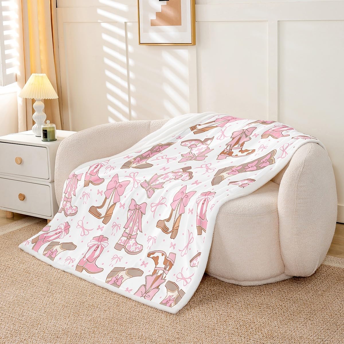 Feelyou Pink Western Sherpa Blanket Cowgirl Cowboy Boots Fleece Throw Blanket for Bed Sofa Couch Kids Boys Room Decor Cute Bowknot Dreamy Princess Style Plush Blanket Throw 50"x60" Girly Fuzzy Blanket