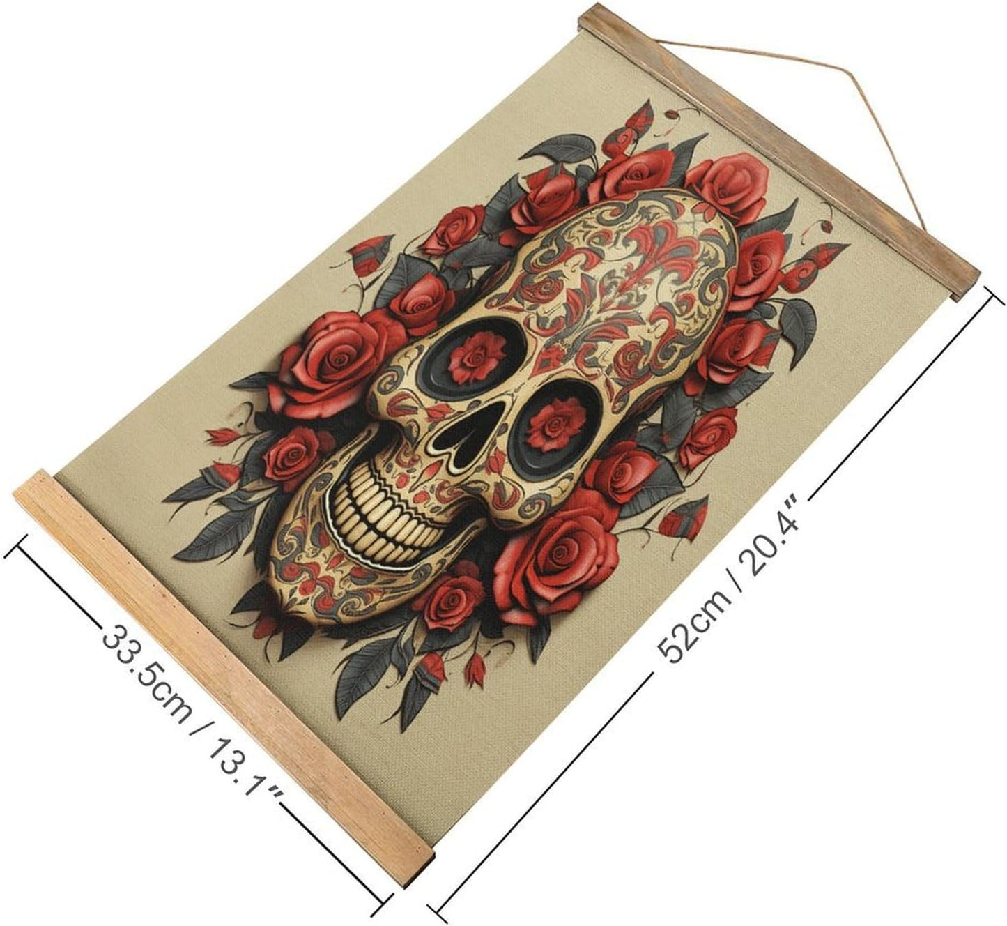 Vintage Red Rose Sugar Skull Poster with Wooden Frame Personalized Linen Hanging Scroll Painting Rustic Wall Hanging Illustrative Modern Artwork Decor for Home Living Room Bedroom Office
