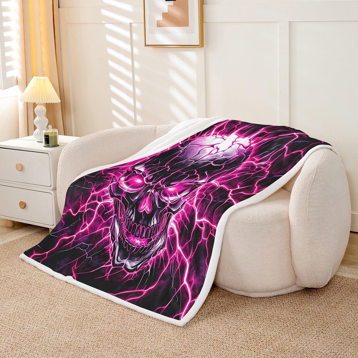 Pink Lightning Skeleton Bed Blanket,Gothic Skulls Flannel Blanket for Room Decor,Happy Halloween Theme Fleece Blankets for Kids Adults Sofa Dorm Decor,Throw 50"x60"