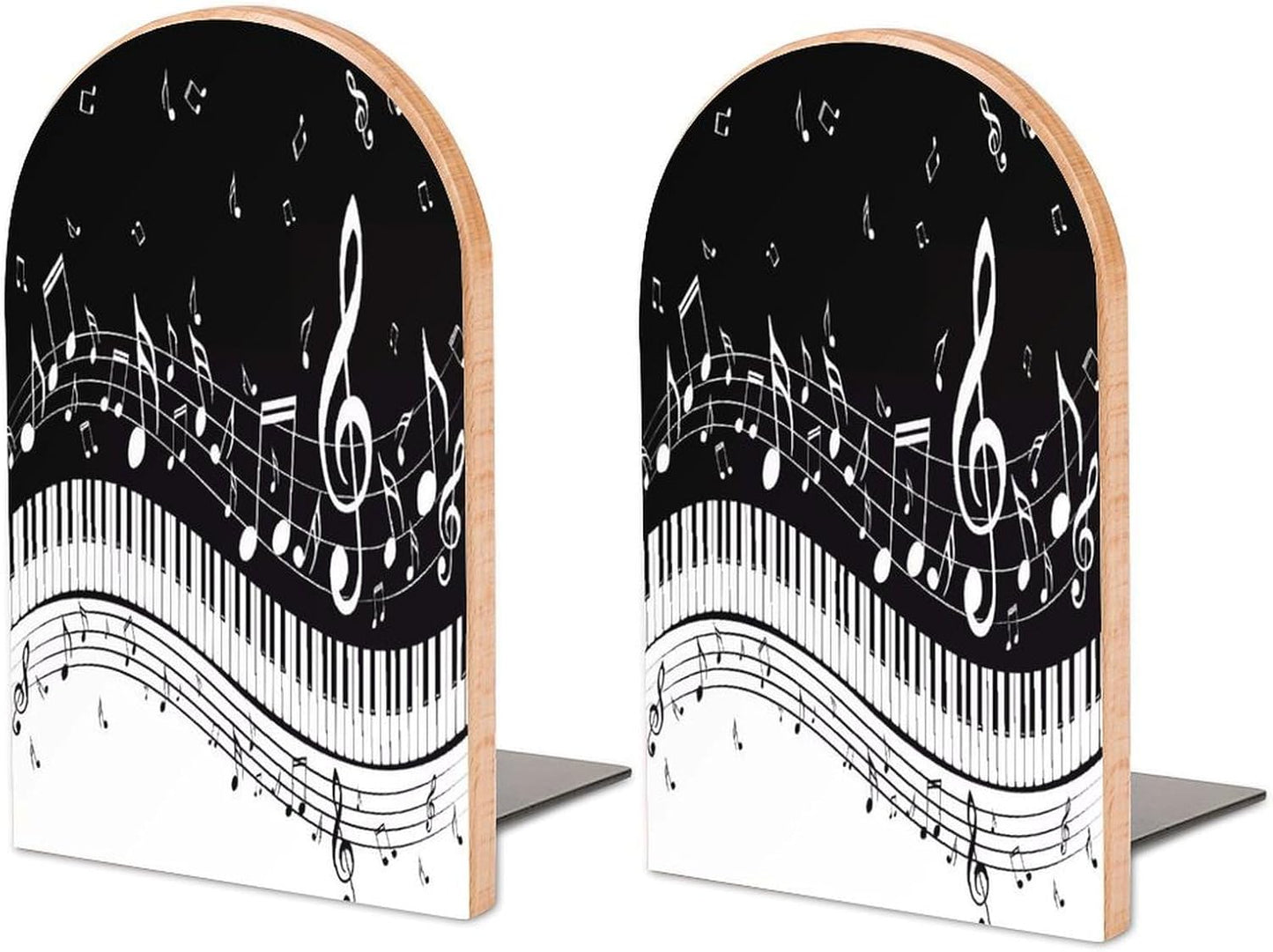 Black White Music Note Wooden Bookend Non-Slip Book Ends Heavy Duty Book Stopper with Metal Base Books Holderd Decorative Bookends Stands Firmly for Office Supplies