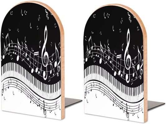 Black White Music Note Wooden Bookend Non-Slip Book Ends Heavy Duty Book Stopper with Metal Base Books Holderd Decorative Bookends Stands Firmly for Office Supplies