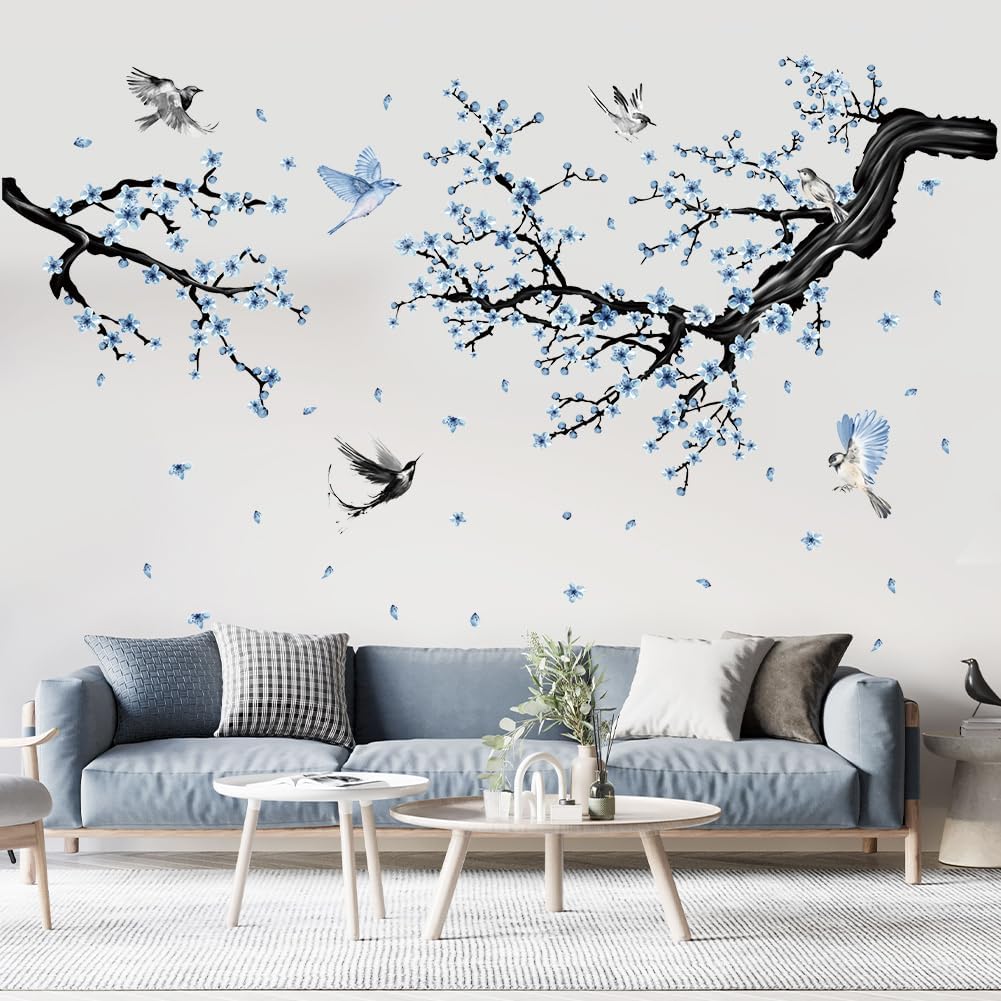 Blue Floral Wall Sticker Hanging Flower Vine Room Decor Large Tree Branch Wall Decals Peel and Stick Birds Wall Stickers for Bedroom Living Room