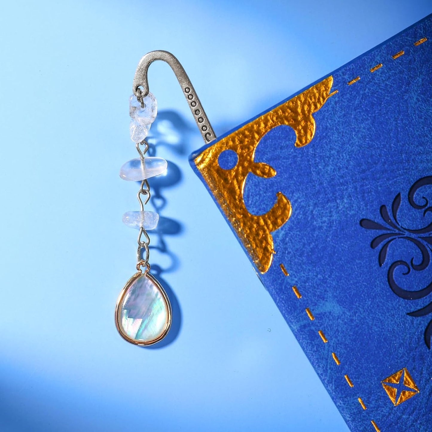 Vintage Metal Bookmark Pendant with Opal Drop Shell&Clear Quartz Crystal Stones Bead Chain-Elegant Opal Bookmarks for Women,Men,Book Lovers,Teachers and Girls(Silver)