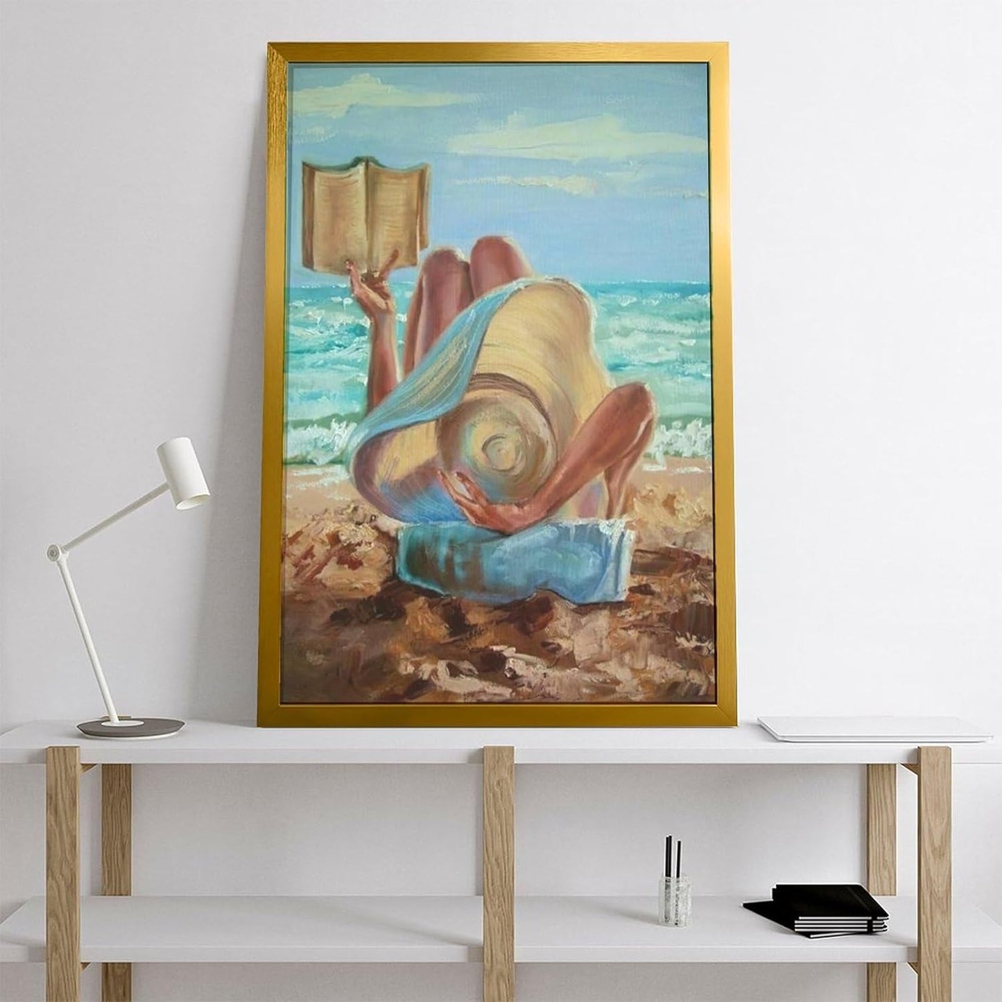 Rucatto Artistic Painting Poster of Woman Reading A Book on The Beach Wall Art Paintings Canvas Wall Decor Home Decor Living Room Decor Aesthetic 08x12inch(20x30cm) Golden-style
