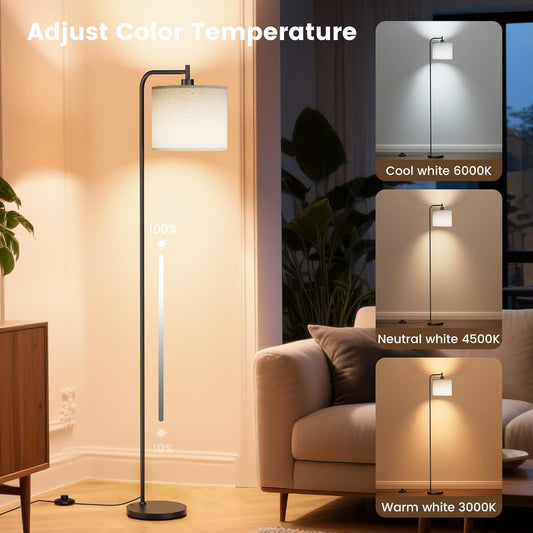 Floor Lamp with Linen Shade, Dimmable Tall Standing Lamp with Remote Control & 3 Color Temperatures, Modern Corner Floor Lamps for Living Room Bedroom Office, 9W LED Bulb Included
