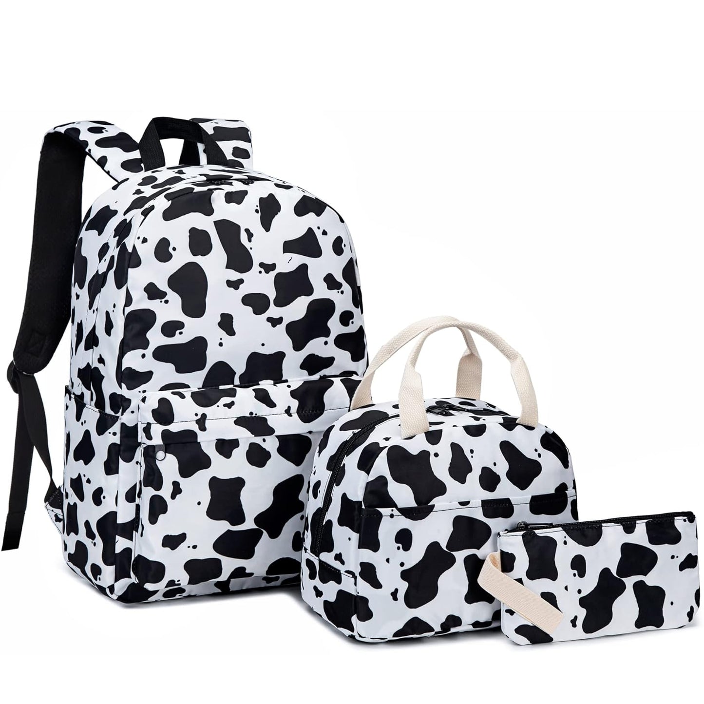 Cow Print Girls School Backpack for Kids Teens, Elementary Middle School Backpacks Bookbag Set with Lunch Bag Pencil Case