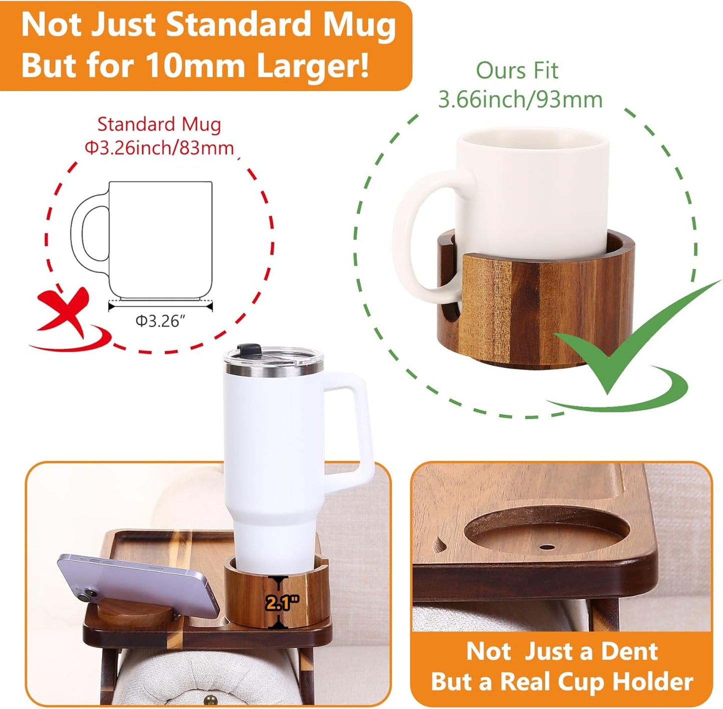 Couch Armrest Table Acacia with 360°Rotating Phone & Cup Holders,15.4" x 9.8", 3-in-1 Couch Arm Tray Clip-On Couch Tray for Drinks & Snacks