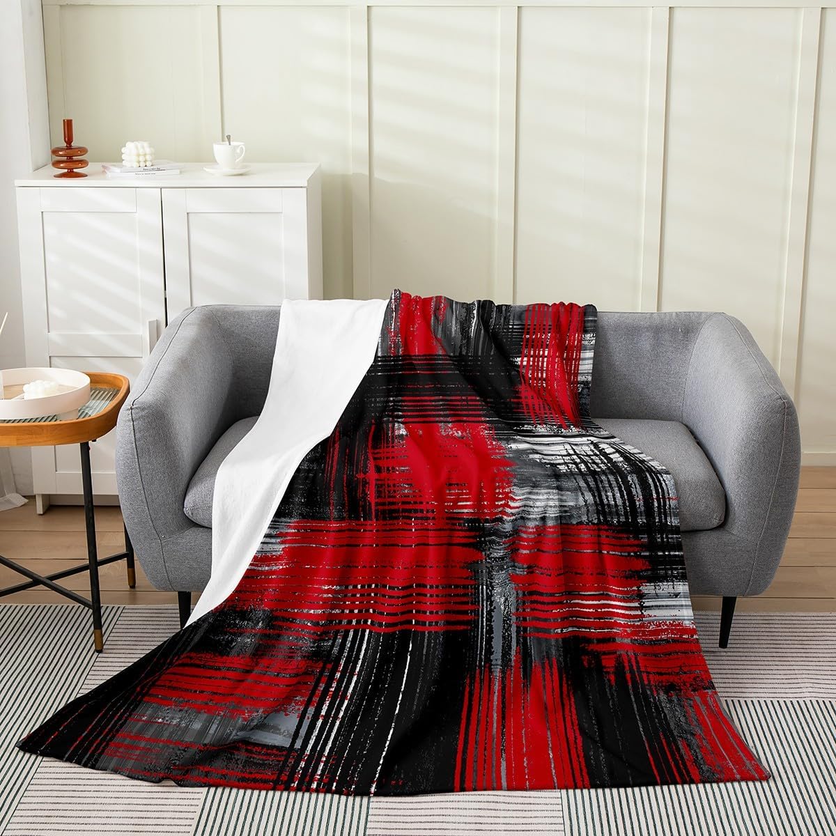 Feelyou Abstract Flannel Fleece Blanket Set Modern Abstract Art Plush Throw Blanket, for Sofa Couch Red Black Grey Pattern Bedding All Season,Bed Blanket Set Room Decor Queen 90"x90"